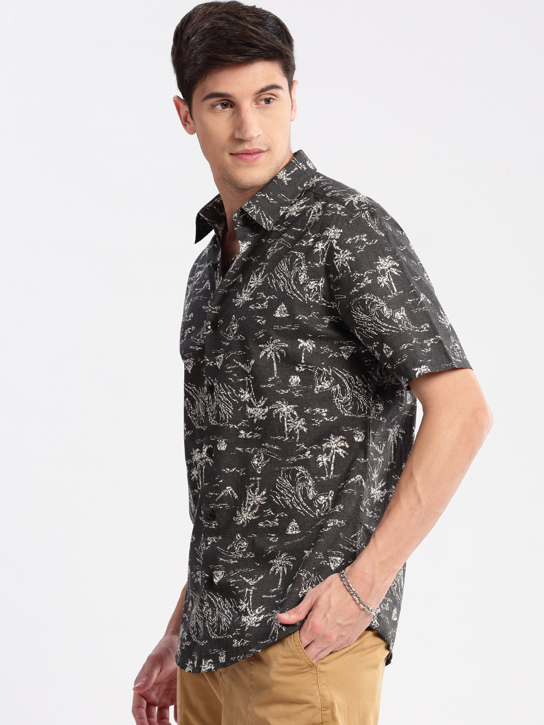 Men's Grey Standard Slim Fit Floral Printed Cotton Shirt
