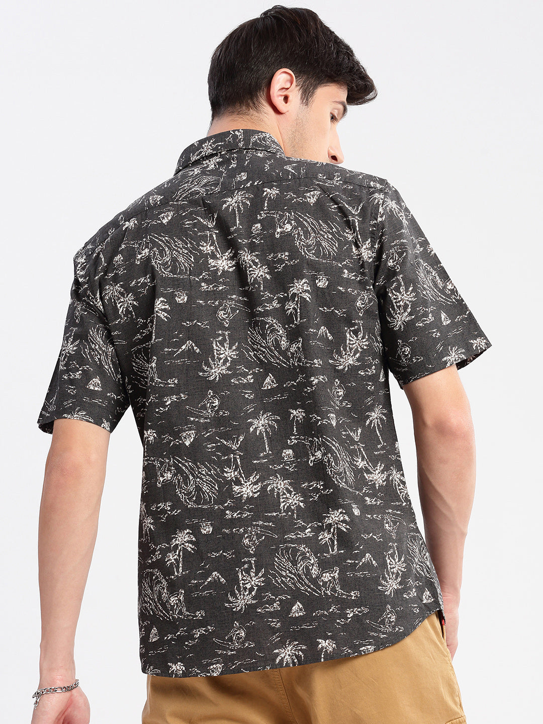 Men's Grey Standard Slim Fit Floral Printed Cotton Shirt