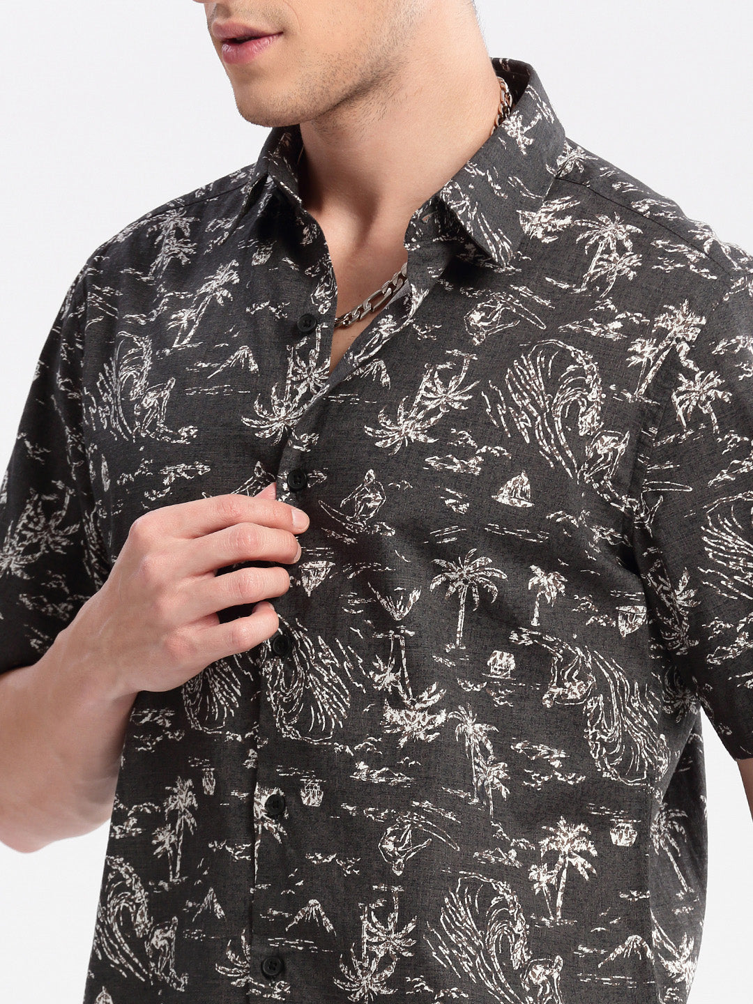 Men's Grey Standard Slim Fit Floral Printed Cotton Shirt