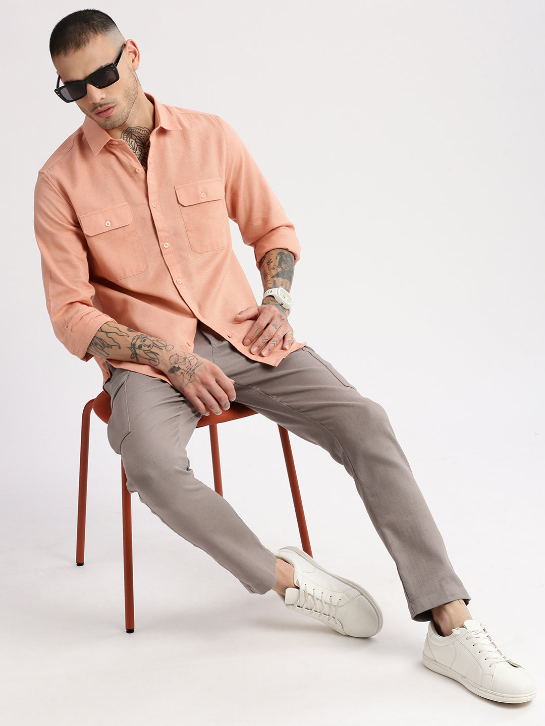 Men Spread Collar Solid Peach Casual Shirt