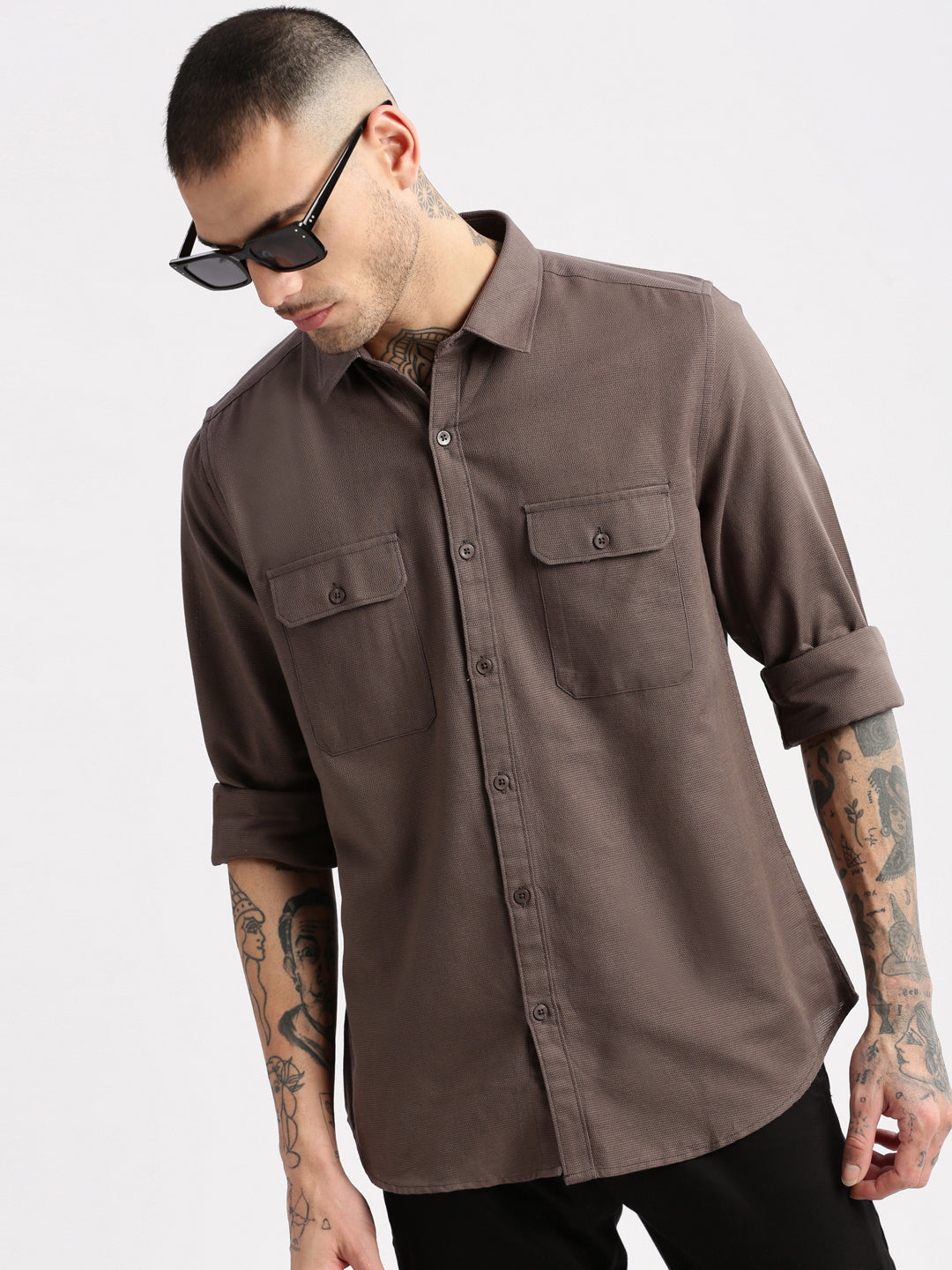 Men's Spread Collar Solid Grey Casual Shirt