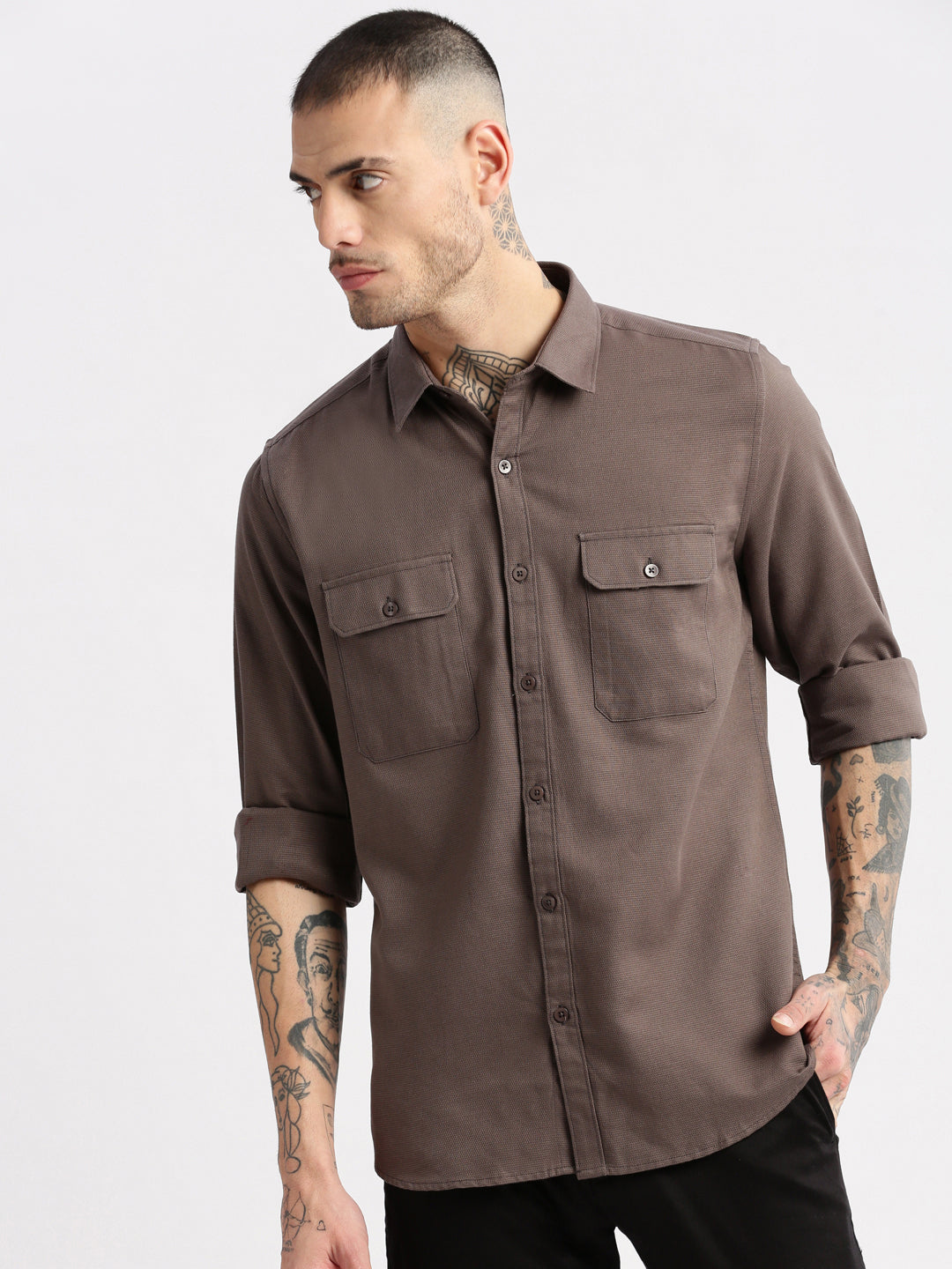 Men's Spread Collar Solid Grey Casual Shirt