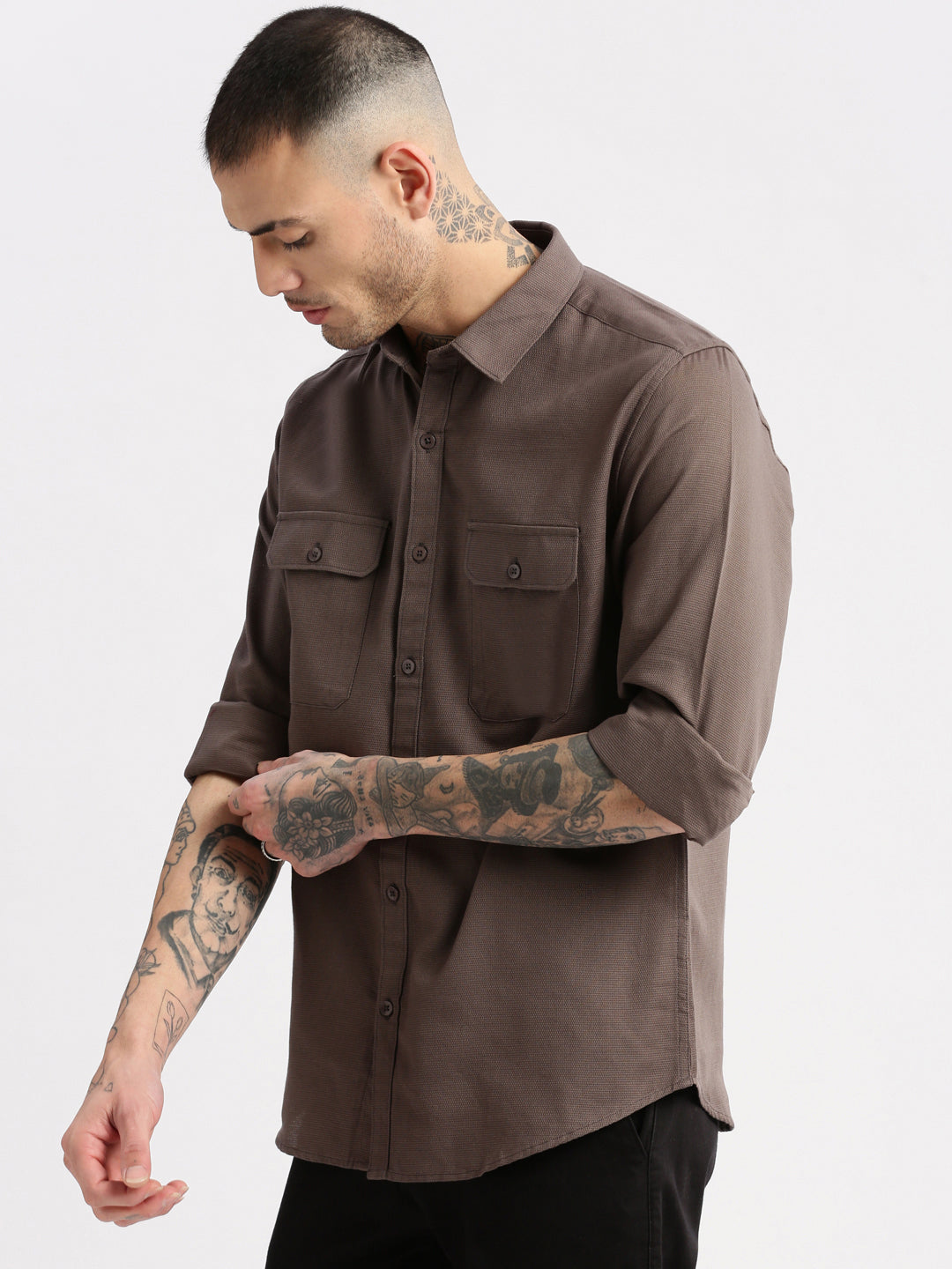 Men's Spread Collar Solid Grey Casual Shirt