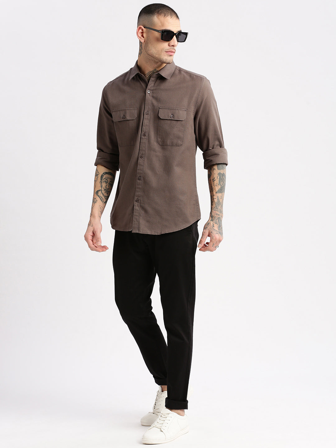 Men's Spread Collar Solid Grey Casual Shirt