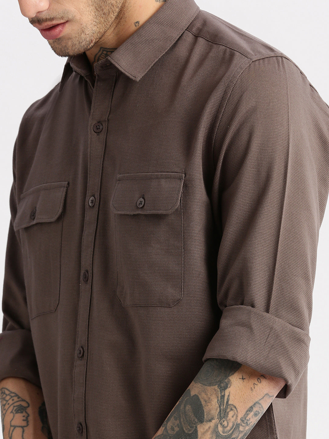 Men's Spread Collar Solid Grey Casual Shirt