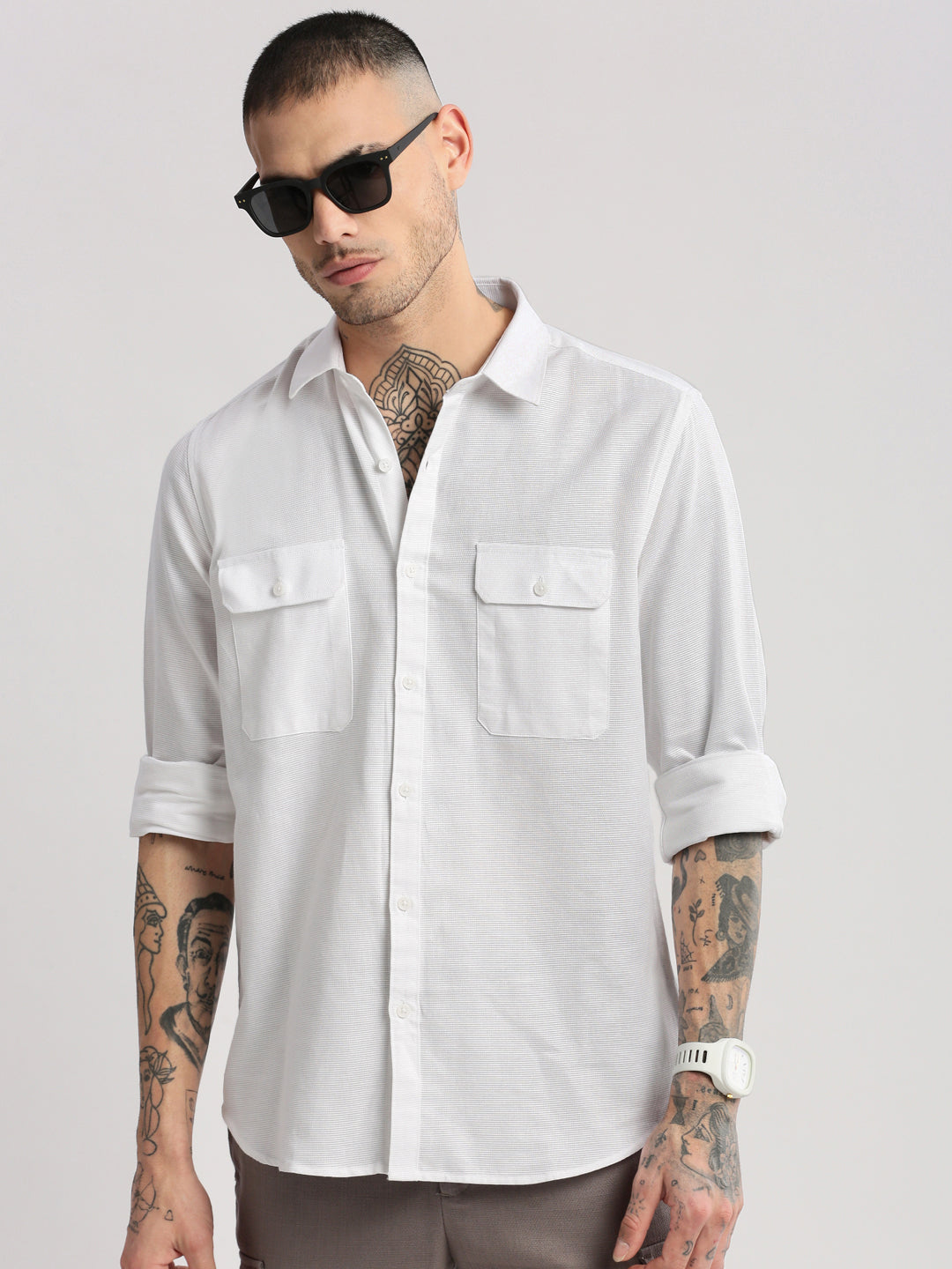 Men's Spread Collar Solid White Casual Shirt