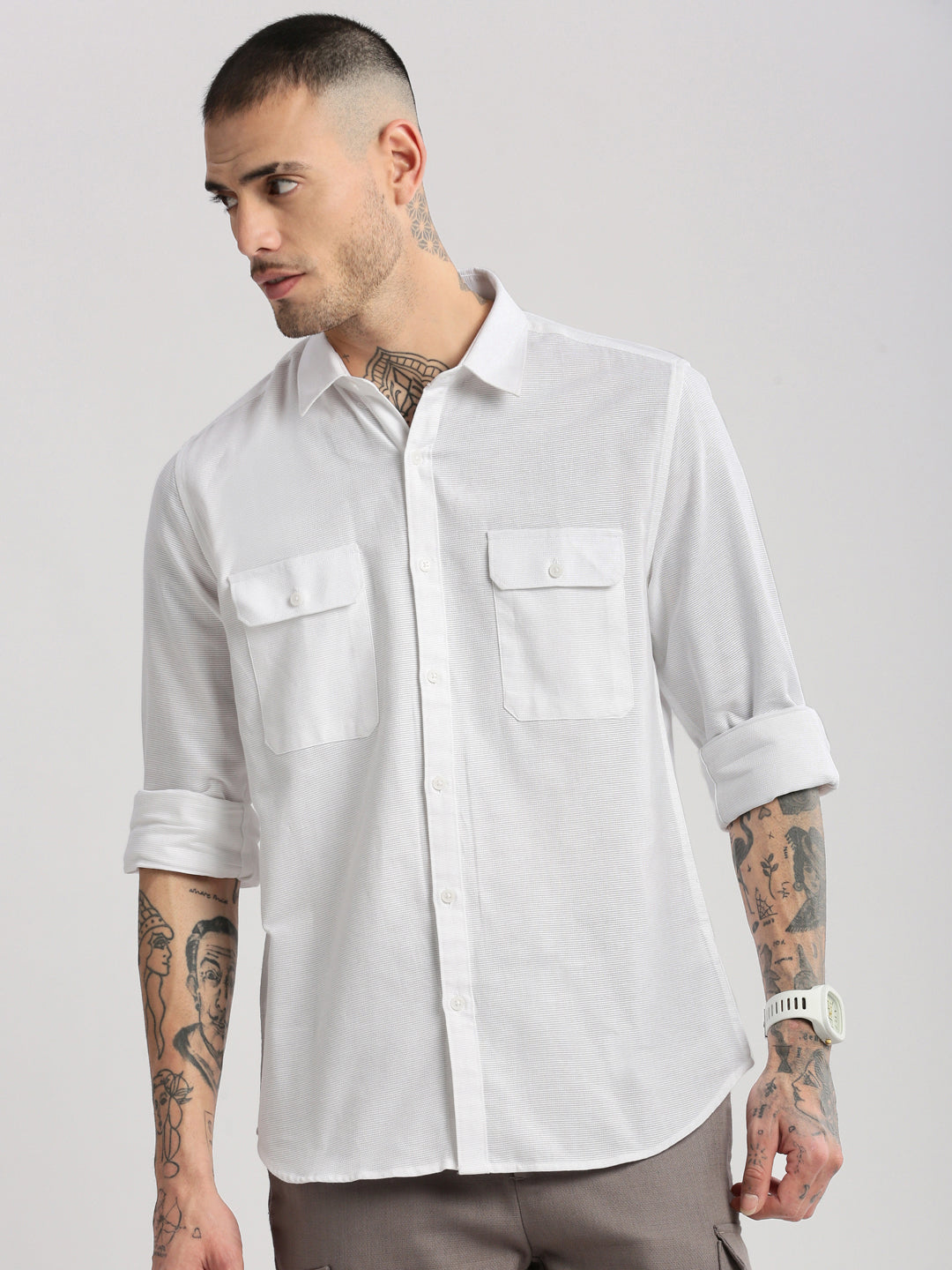 Men's Spread Collar Solid White Casual Shirt