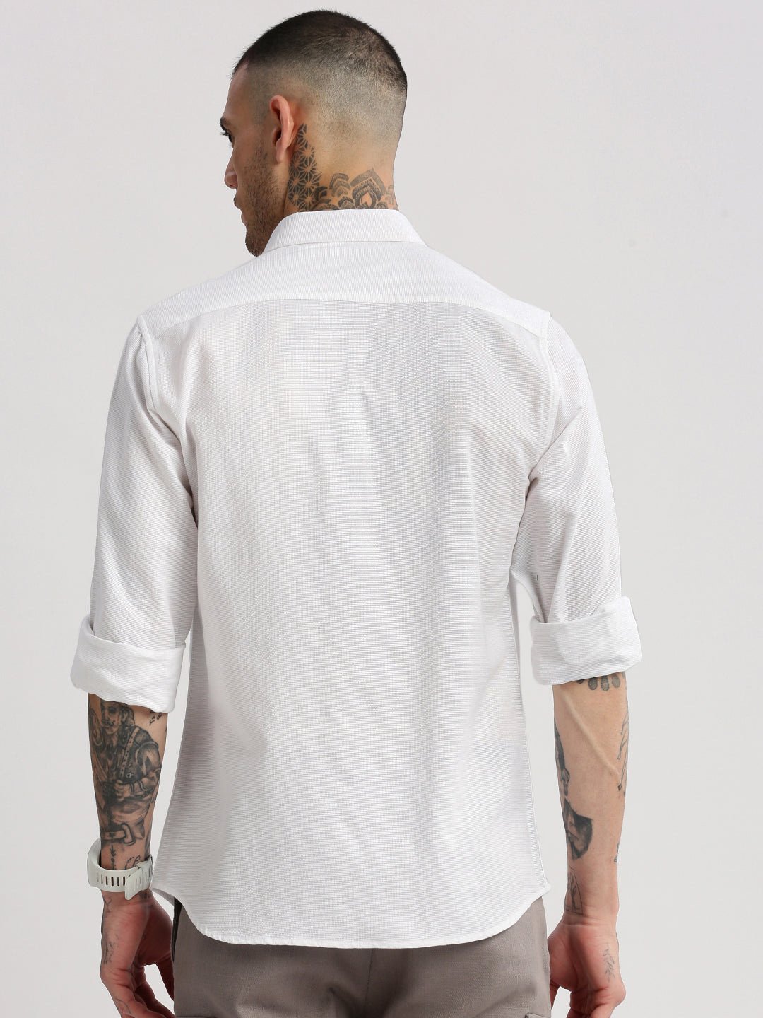 Men's Spread Collar Solid White Casual Shirt