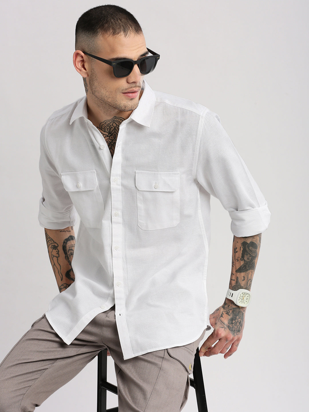Men's Spread Collar Solid White Casual Shirt
