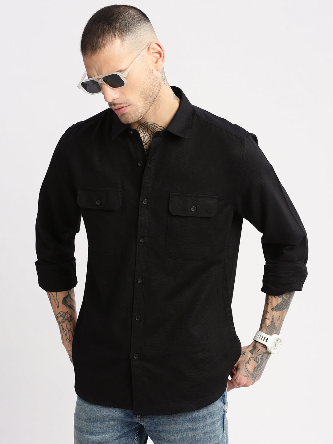 Men Spread Collar Solid Black Casual Shirt