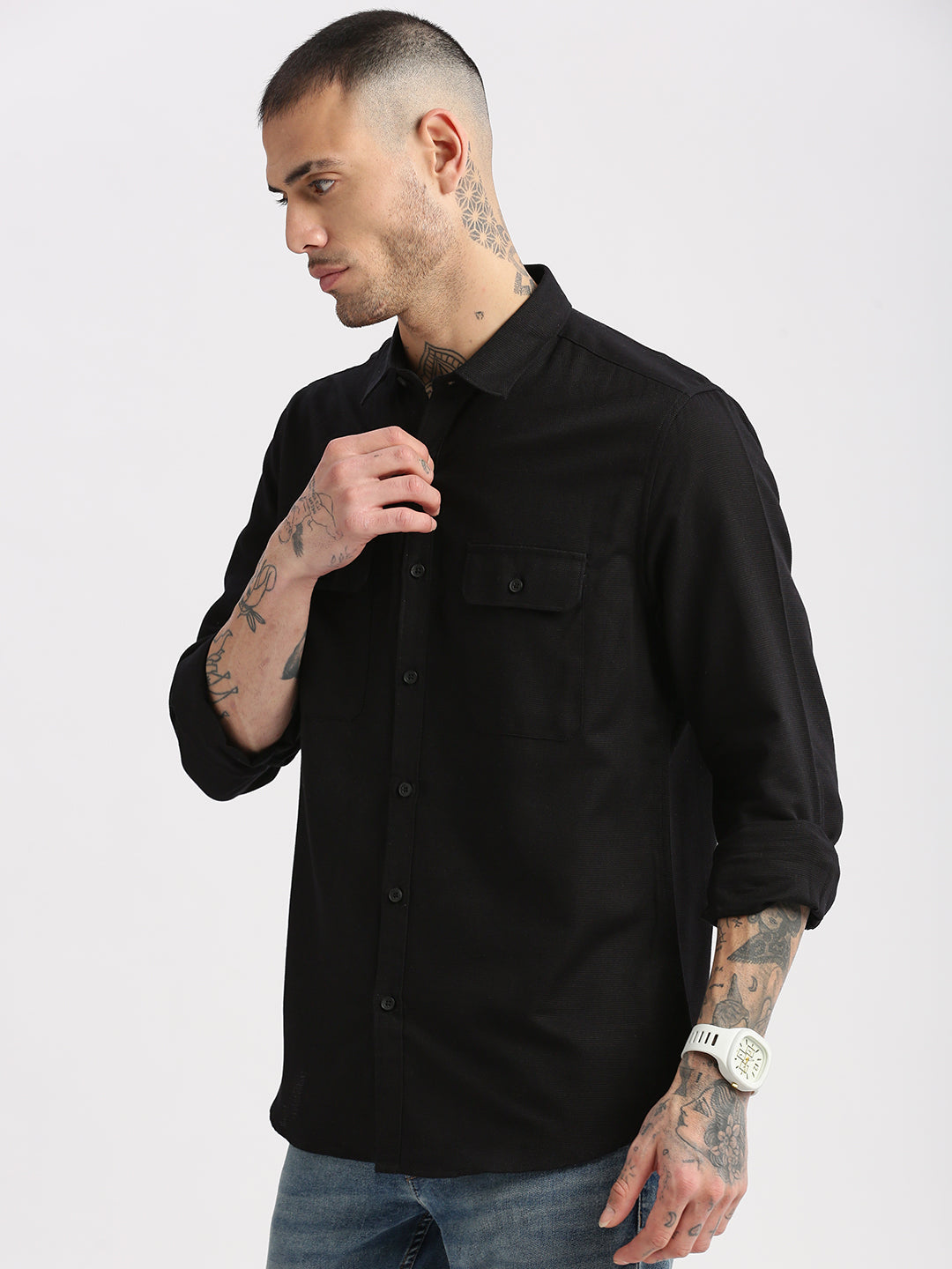 Men Spread Collar Solid Black Casual Shirt