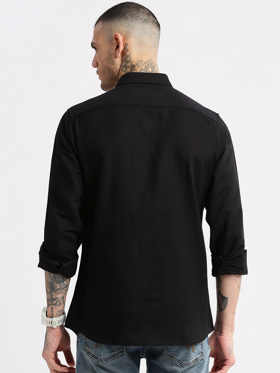 Men Spread Collar Solid Black Casual Shirt