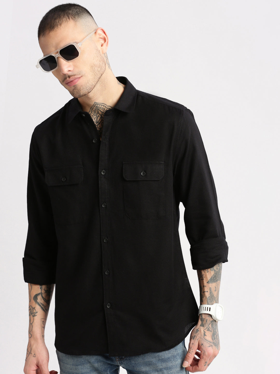 Men Spread Collar Solid Black Casual Shirt