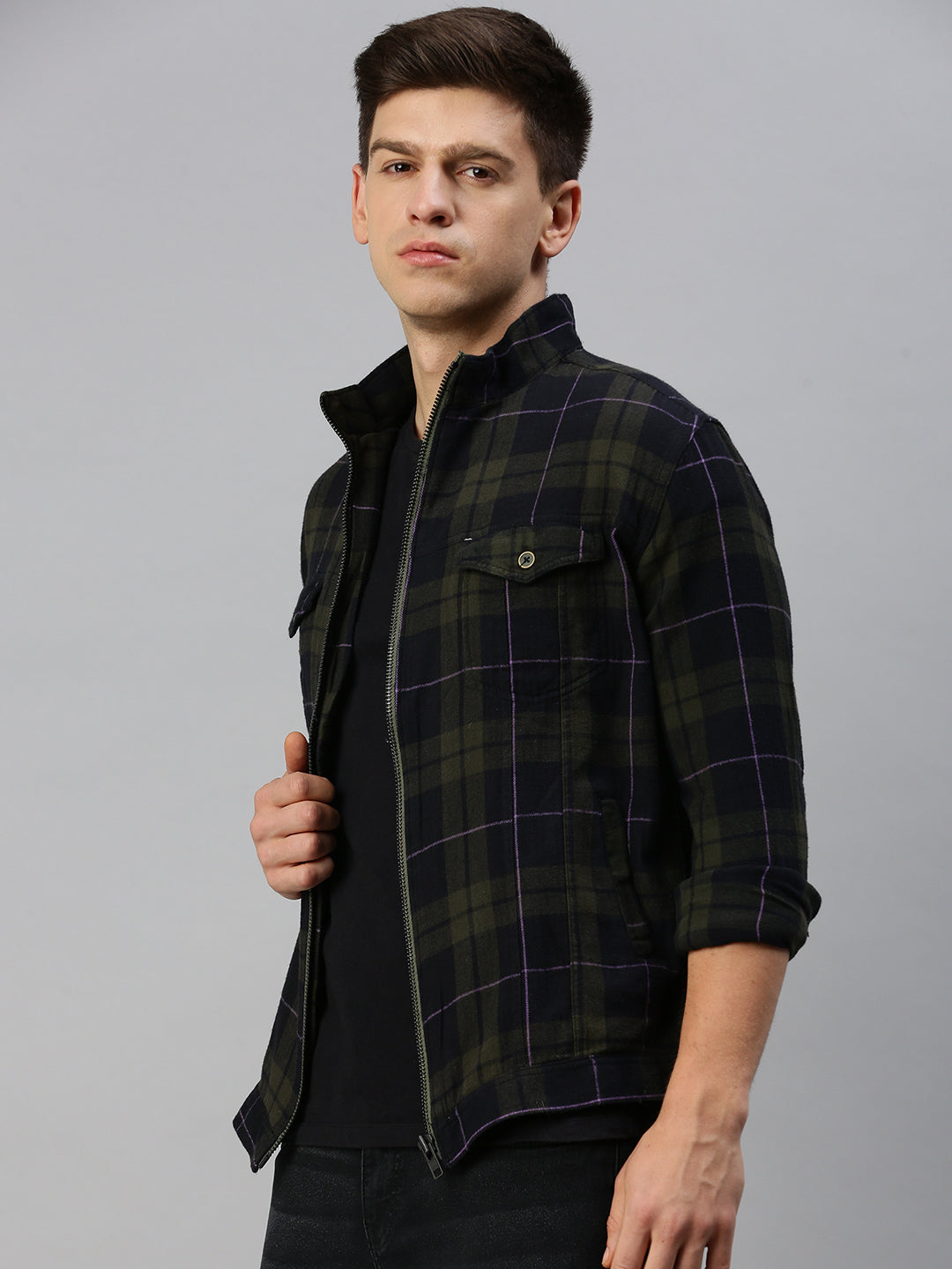 Men Black Checked Casual Jacket