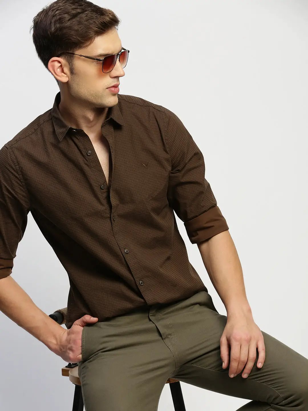 Men's Brown Premium Slim Fit Micro Checked Cotton Casual Shirt