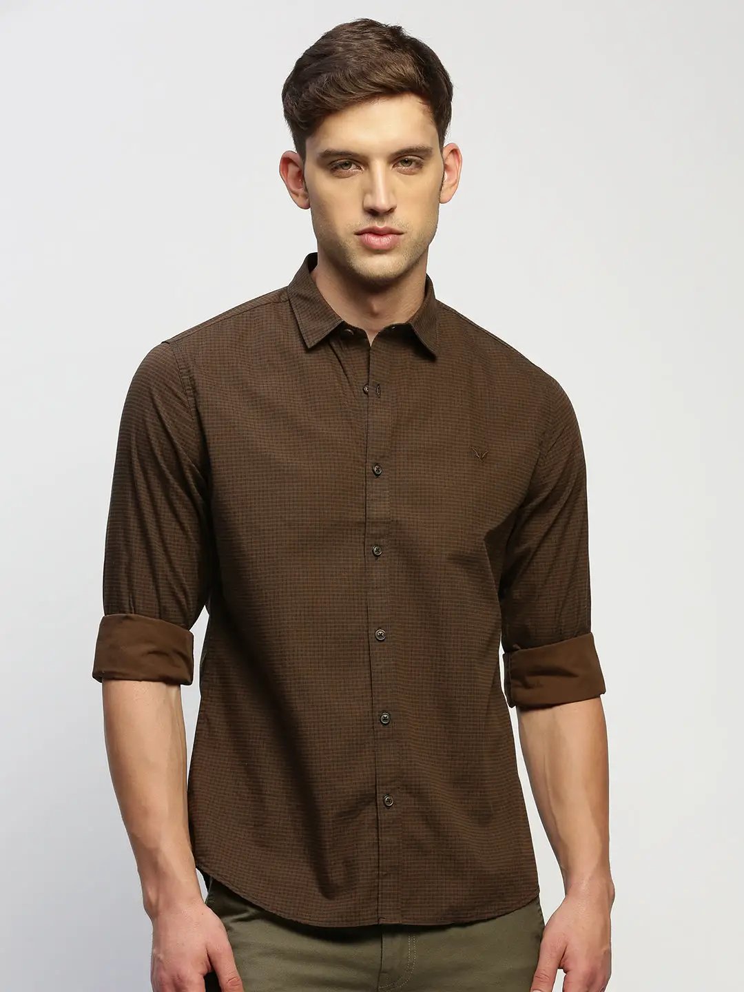Men's Brown Premium Slim Fit Micro Checked Cotton Casual Shirt