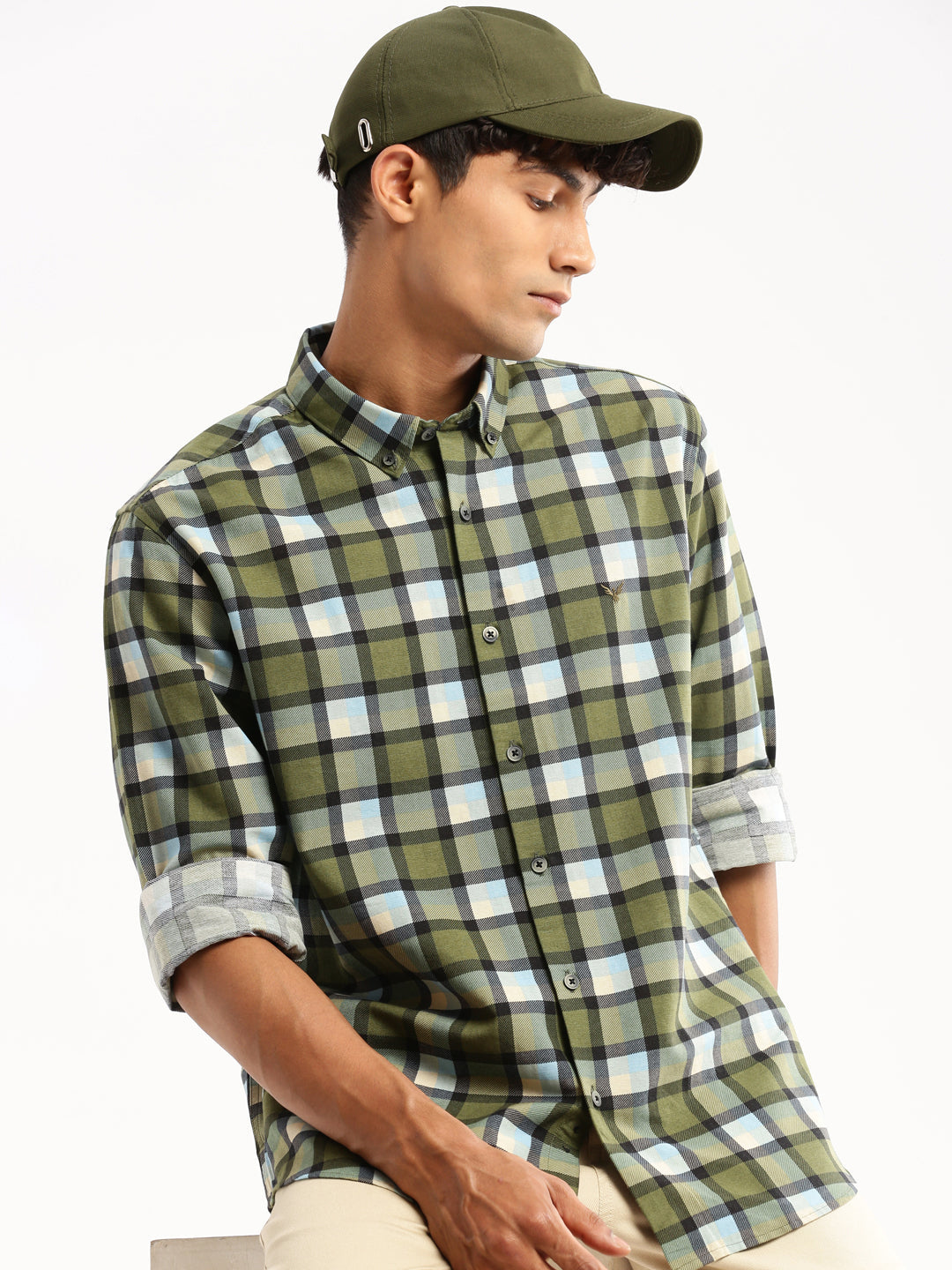 Men's Green Slim Fit Tartan Checks Chambray Collar Cotton Casual Shirt