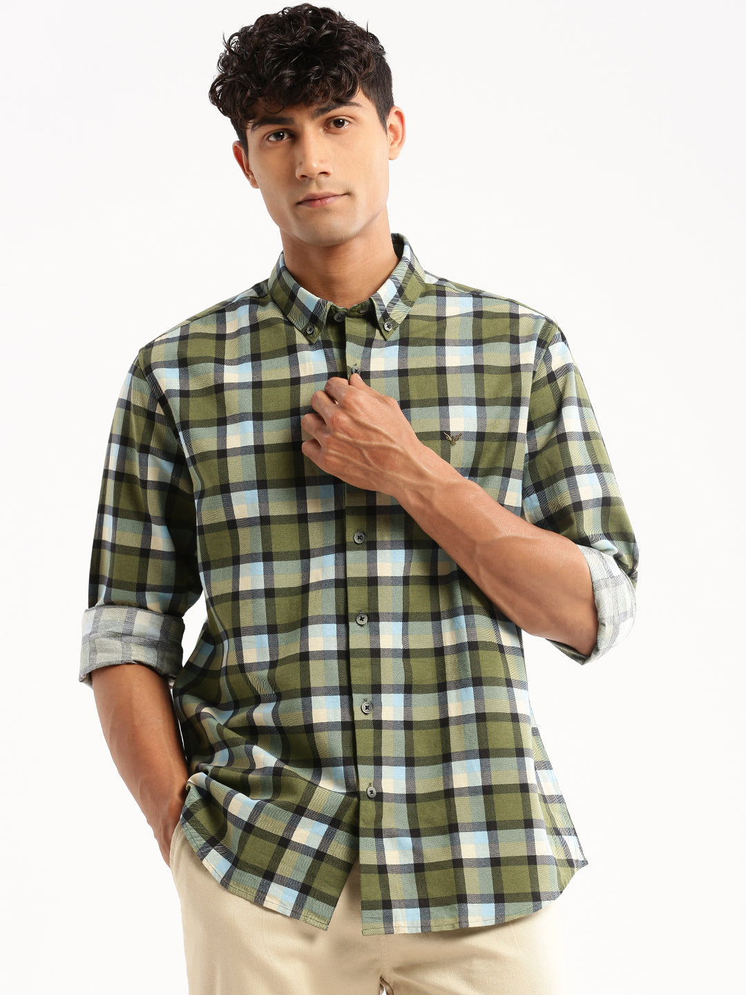 Men's Green Slim Fit Tartan Checks Chambray Collar Cotton Casual Shirt