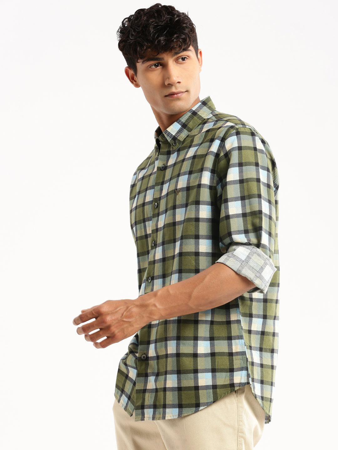 Men's Green Slim Fit Tartan Checks Chambray Collar Cotton Casual Shirt