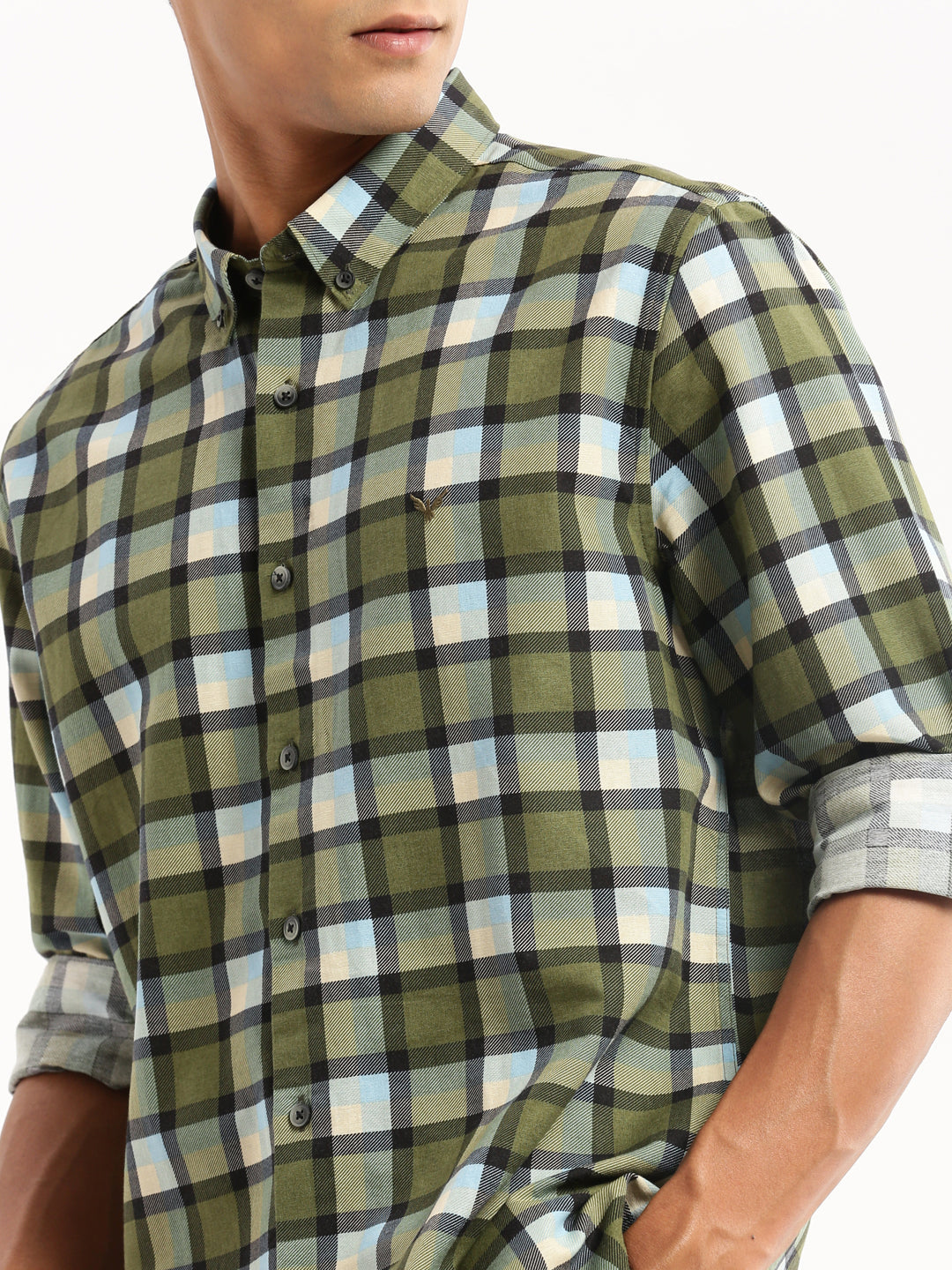 Men's Green Slim Fit Tartan Checks Chambray Collar Cotton Casual Shirt