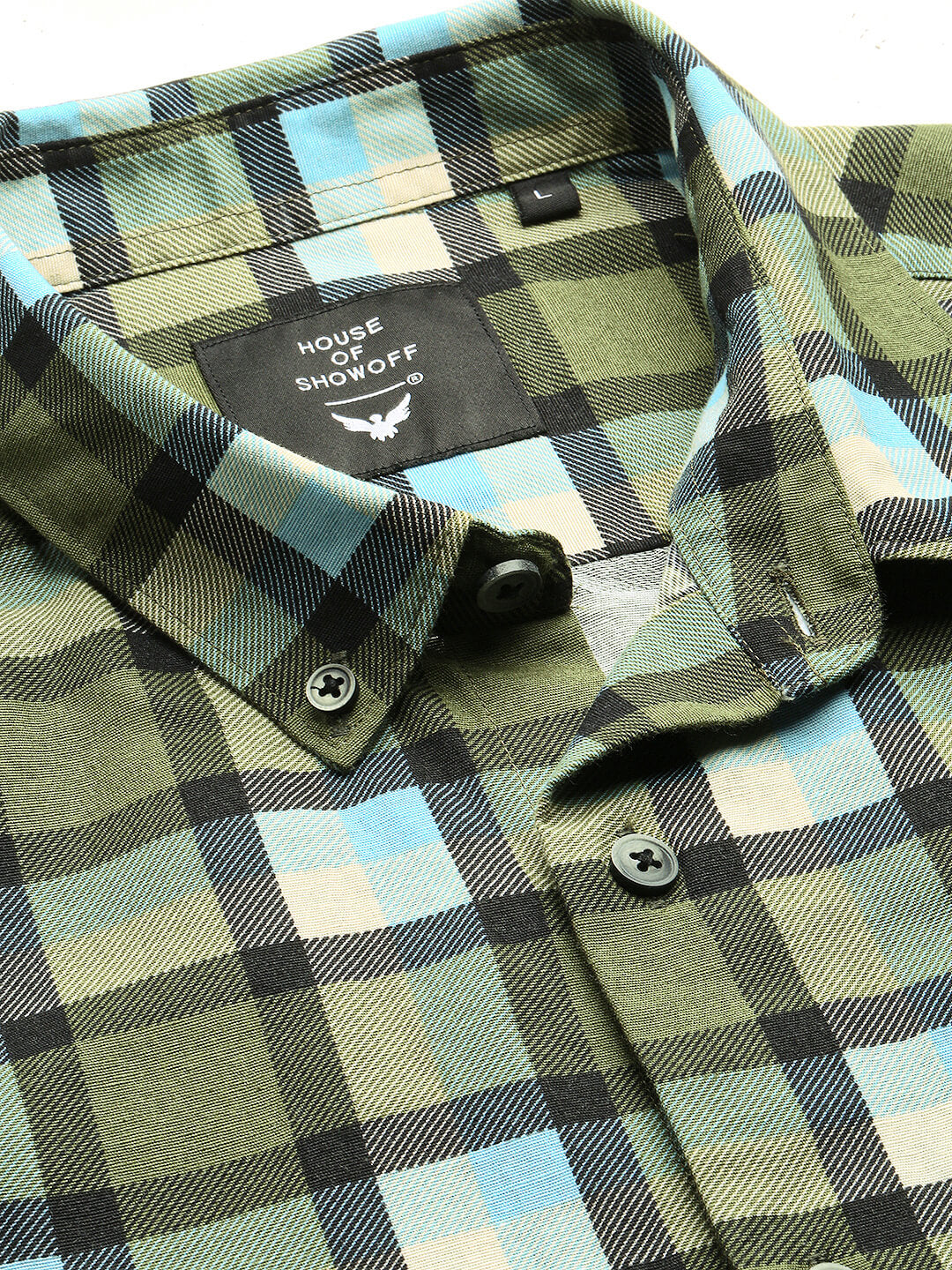 Men's Green Slim Fit Tartan Checks Chambray Collar Cotton Casual Shirt