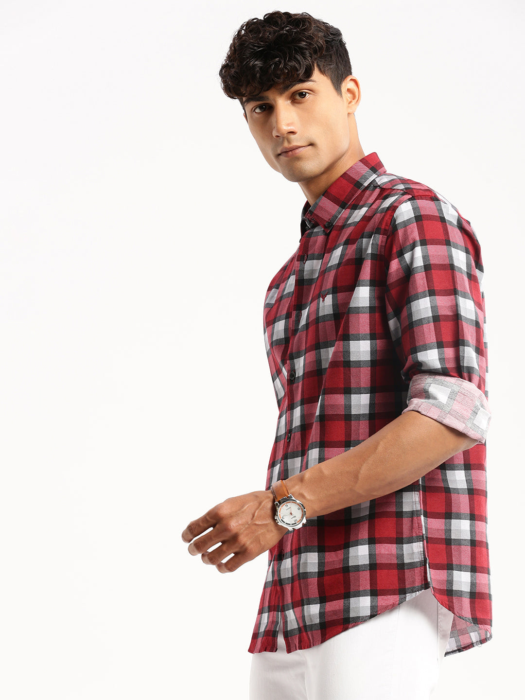 Men's Maroon Slim Fit Windowpane Checks Chambray Cotton Casual Shirt