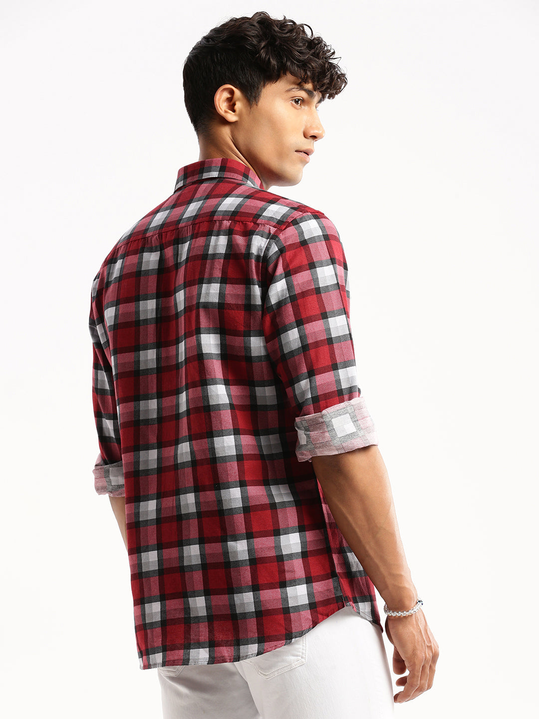 Men's Maroon Slim Fit Windowpane Checks Chambray Cotton Casual Shirt