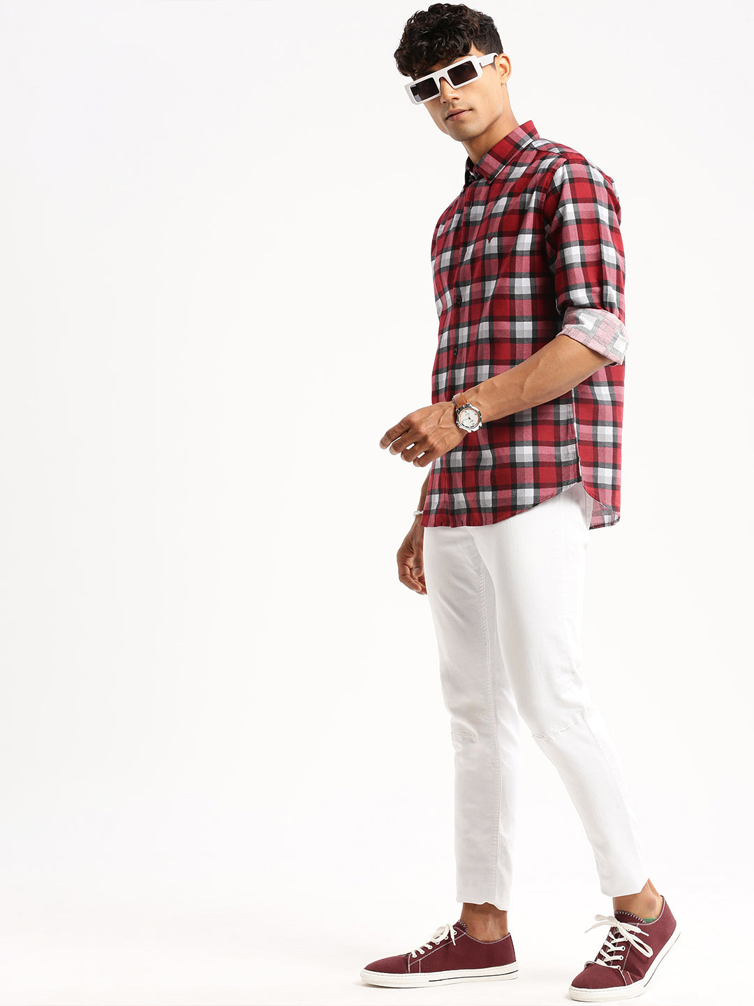 Men's Maroon Slim Fit Windowpane Checks Chambray Cotton Casual Shirt