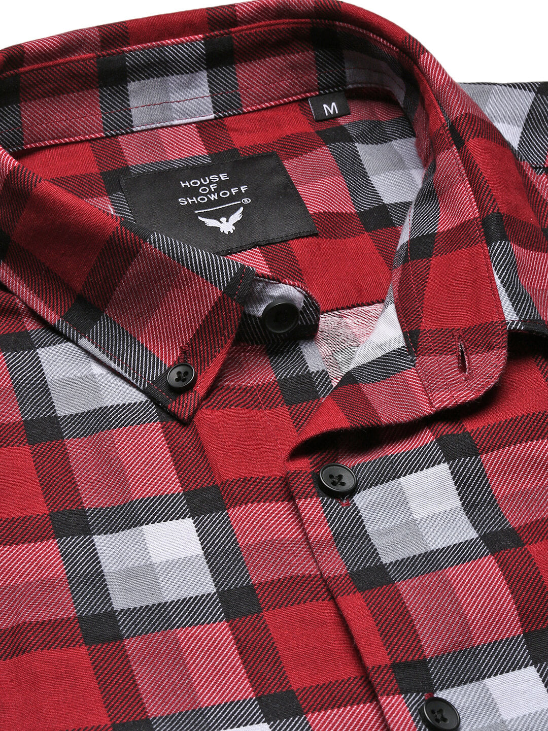 Men's Maroon Slim Fit Windowpane Checks Chambray Cotton Casual Shirt