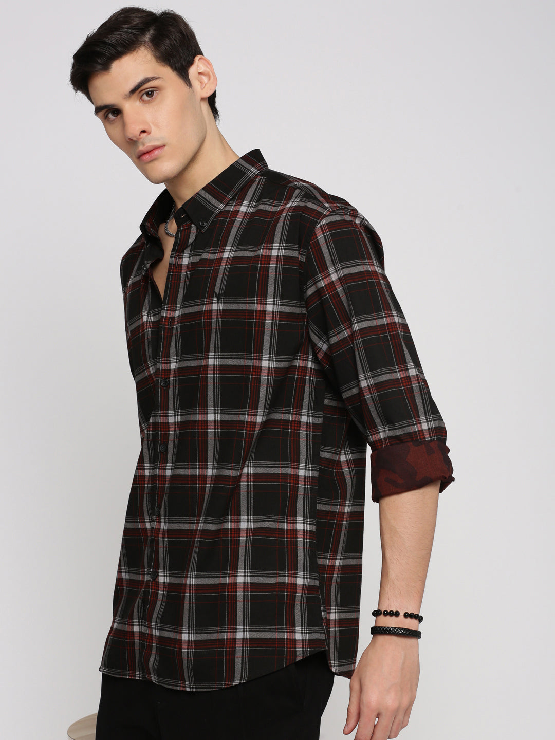 Men's Black Slim Fit Tartan Checked Cotton Casual Shirt