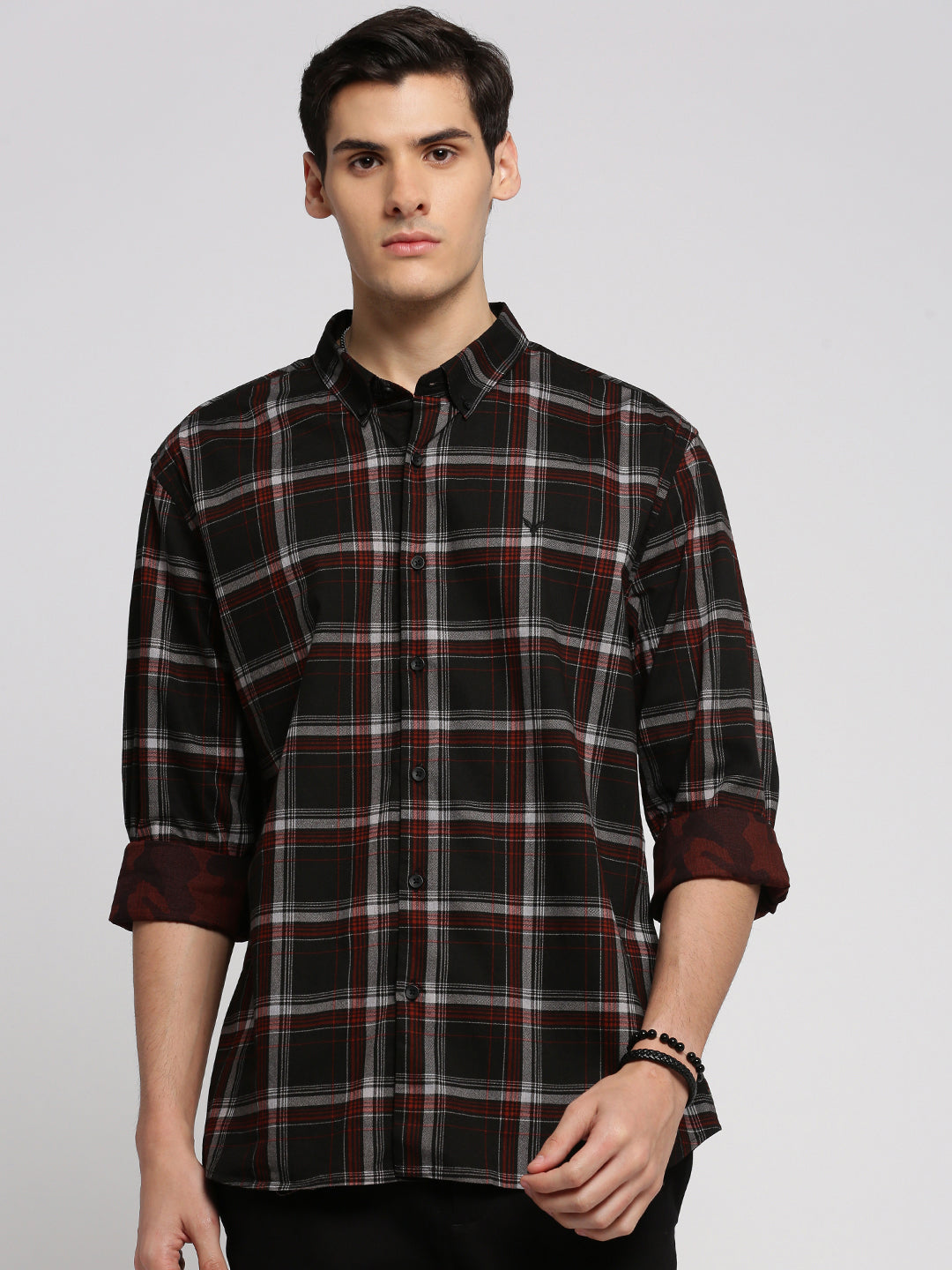 Men's Black Slim Fit Tartan Checked Cotton Casual Shirt