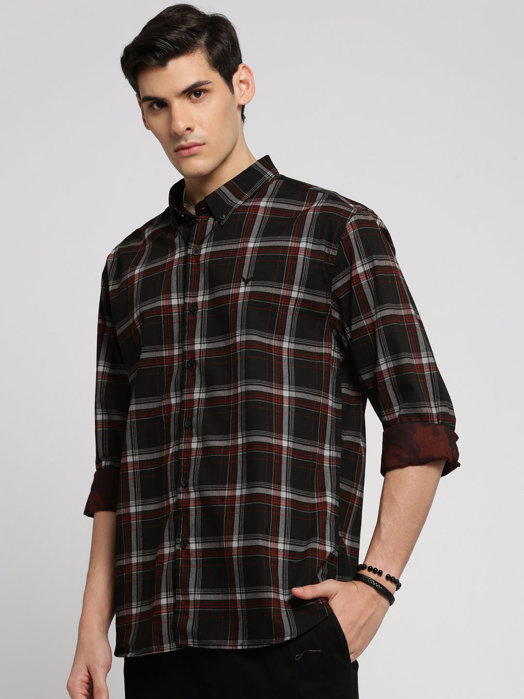 Men's Black Slim Fit Tartan Checked Cotton Casual Shirt