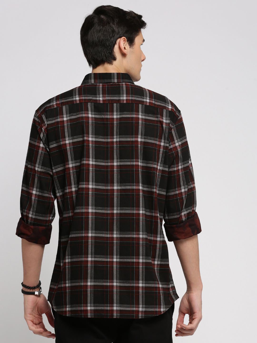 Men's Black Slim Fit Tartan Checked Cotton Casual Shirt