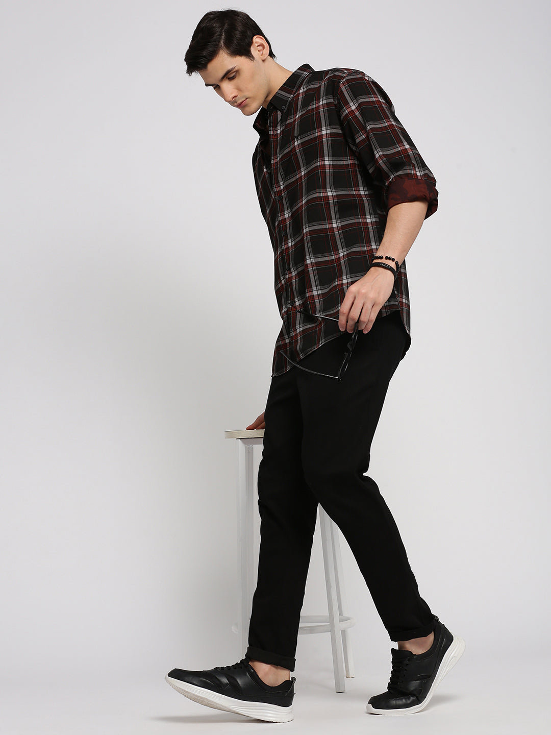 Men's Black Slim Fit Tartan Checked Cotton Casual Shirt