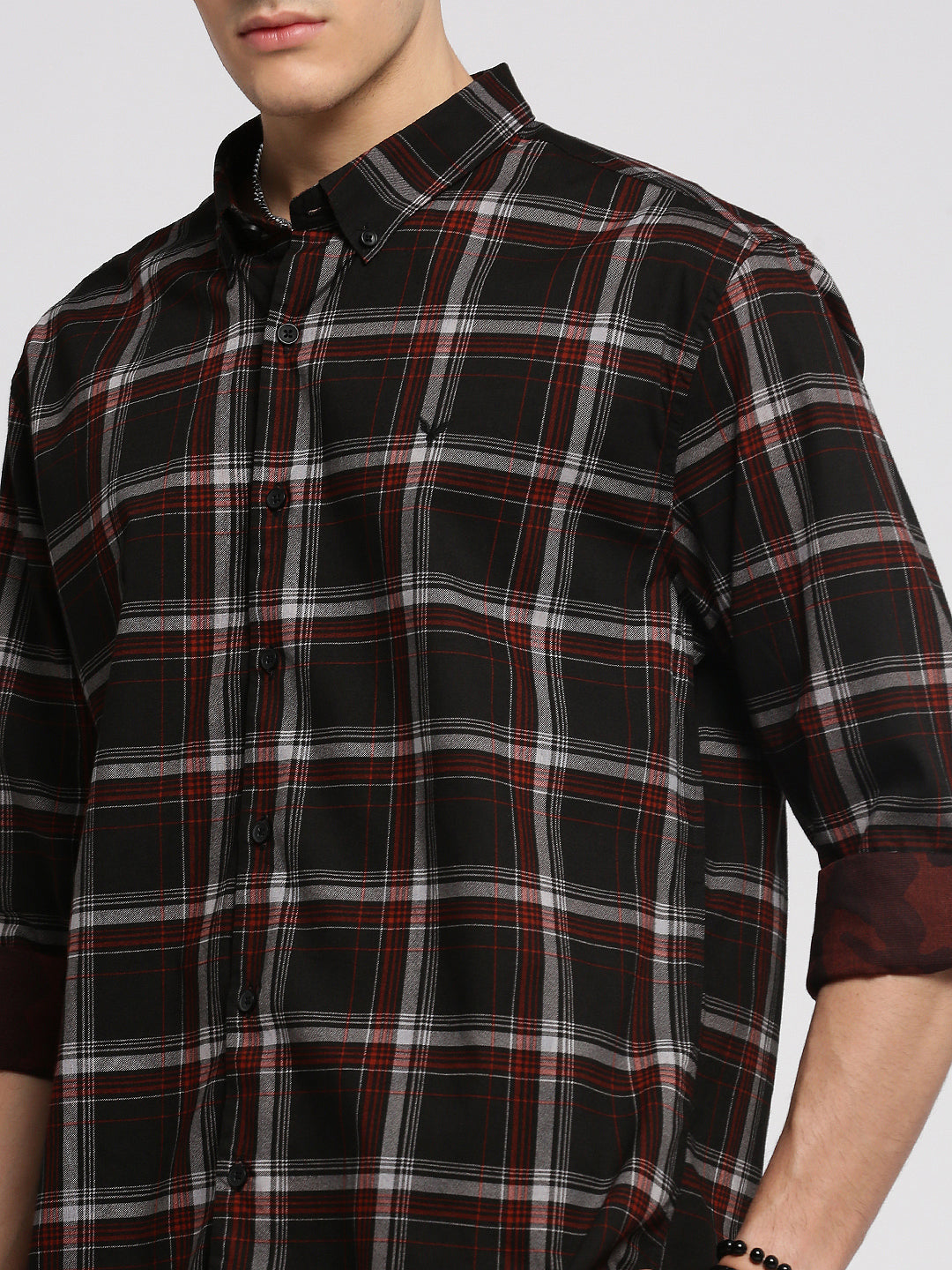 Men's Black Slim Fit Tartan Checked Cotton Casual Shirt