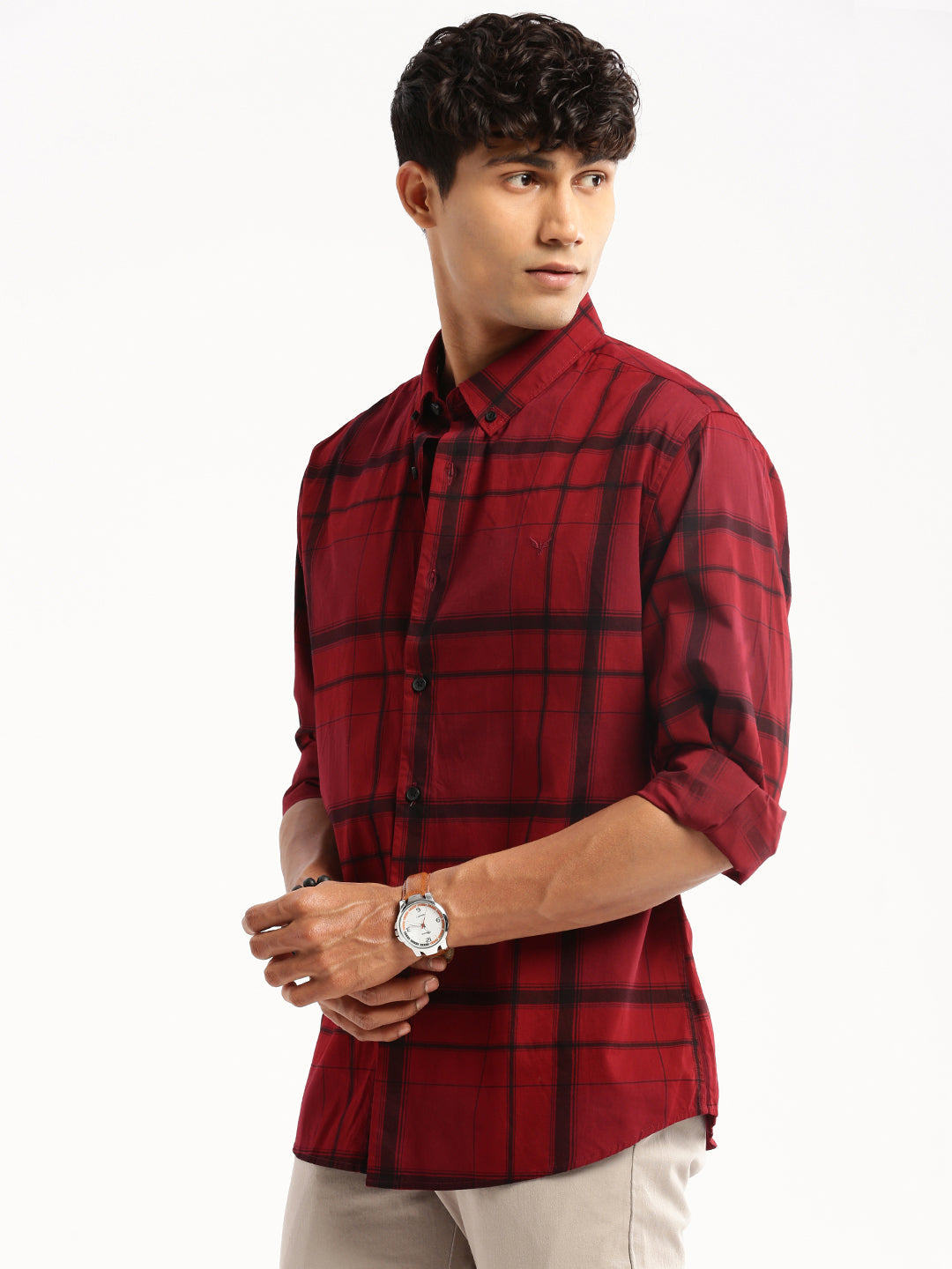 Men's Maroon Windowpane Checks Slim Fit Cotton Casual Shirt