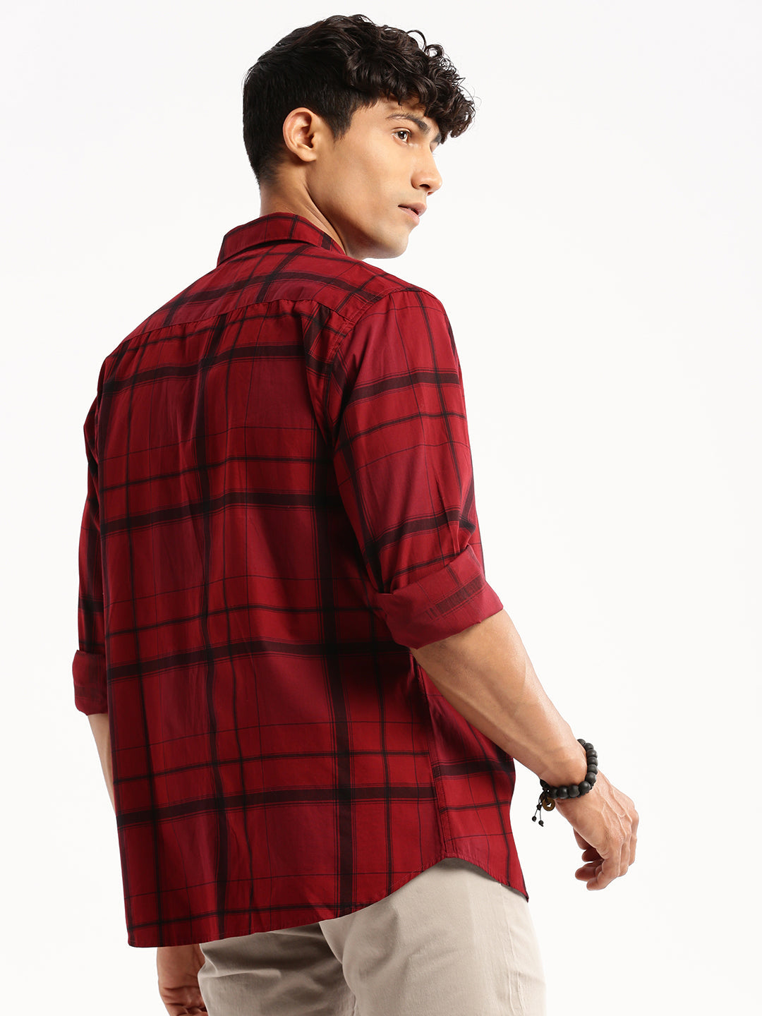 Men's Maroon Windowpane Checks Slim Fit Cotton Casual Shirt