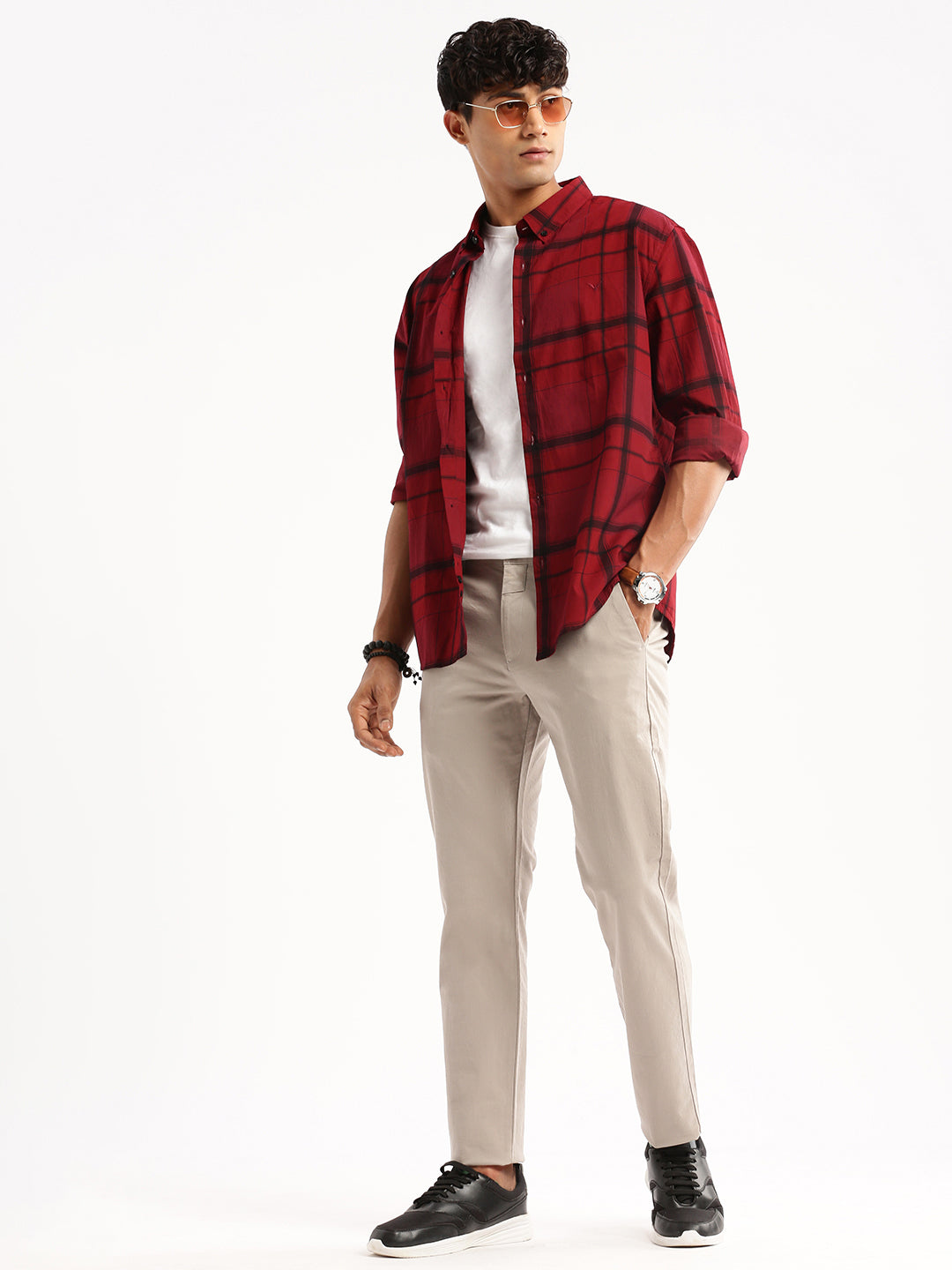Men's Maroon Windowpane Checks Slim Fit Cotton Casual Shirt