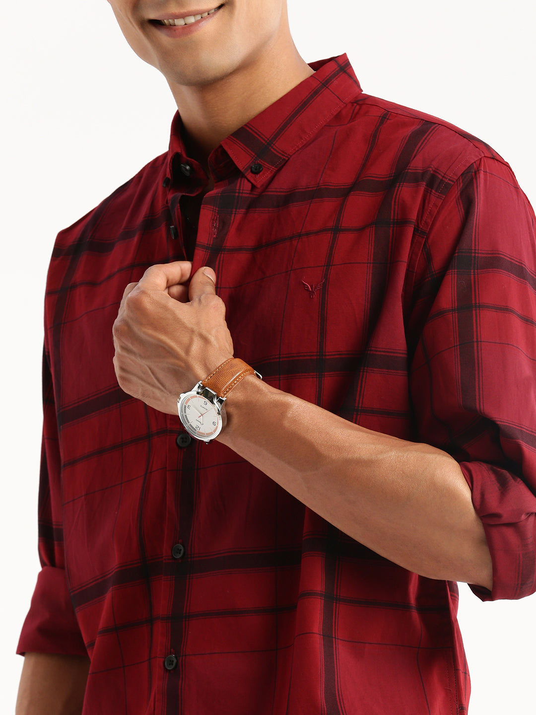 Men's Maroon Windowpane Checks Slim Fit Cotton Casual Shirt