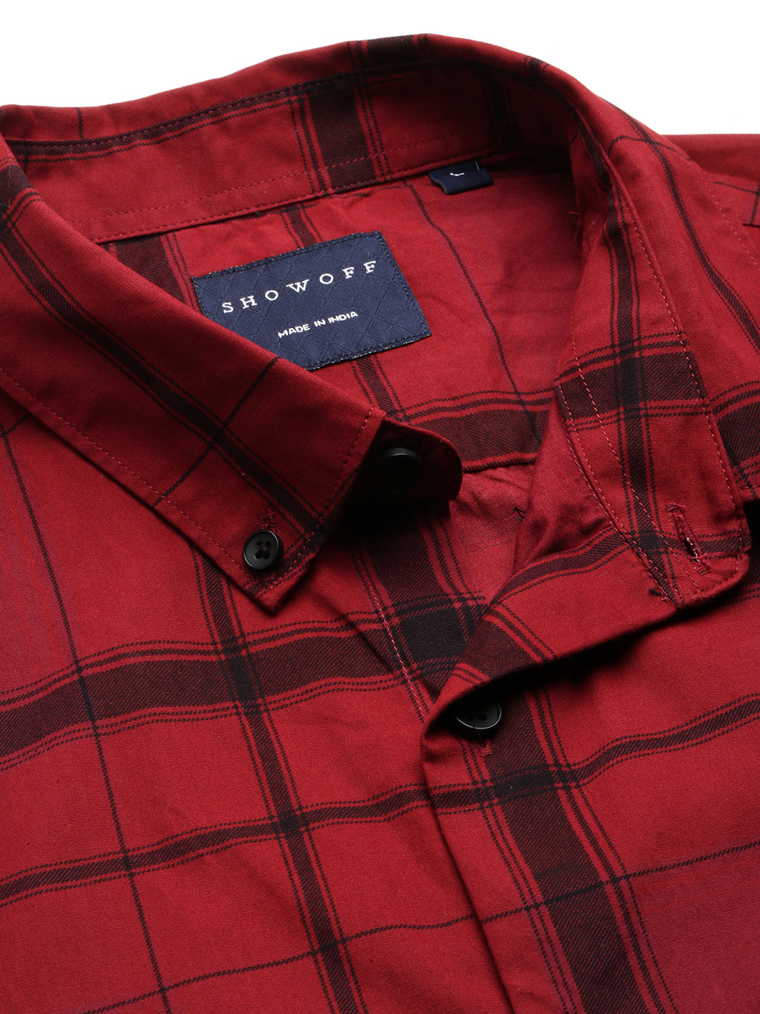 Men's Maroon Windowpane Checks Slim Fit Cotton Casual Shirt