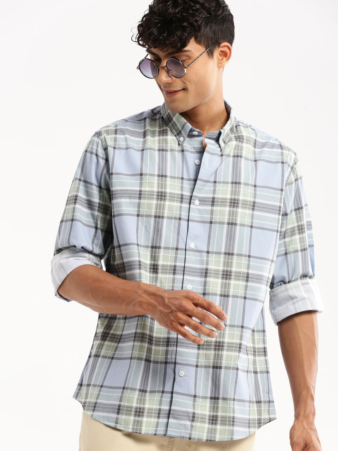 Men's Blue Tartan Checked Slim Fit Cotton Casual Shirt