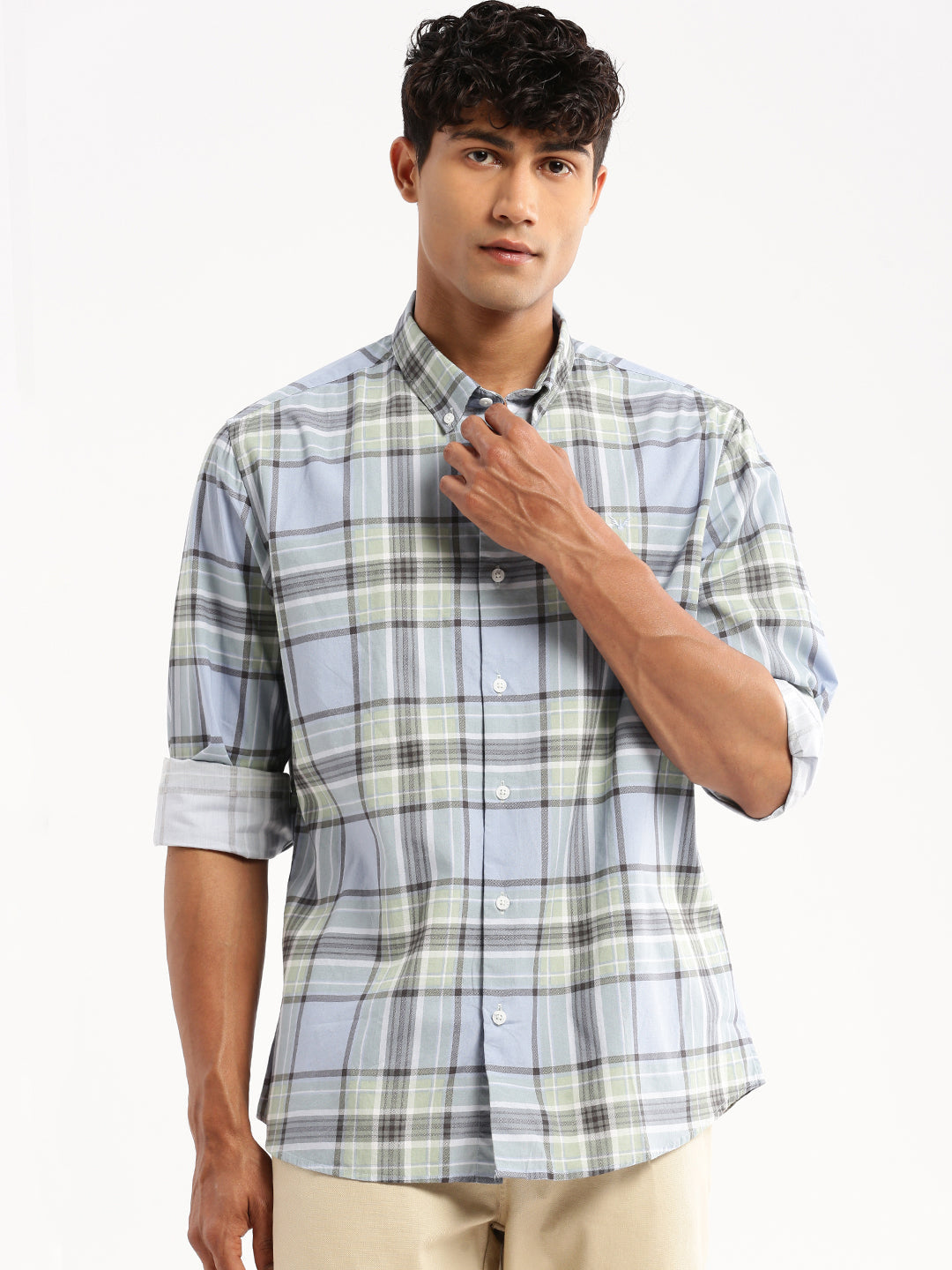 Men's Blue Tartan Checked Slim Fit Cotton Casual Shirt