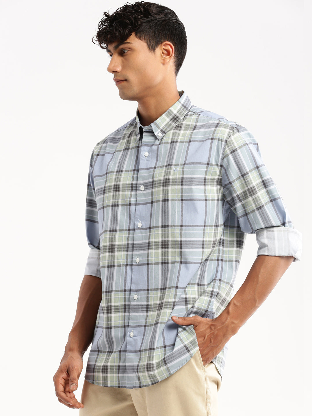 Men's Blue Tartan Checked Slim Fit Cotton Casual Shirt