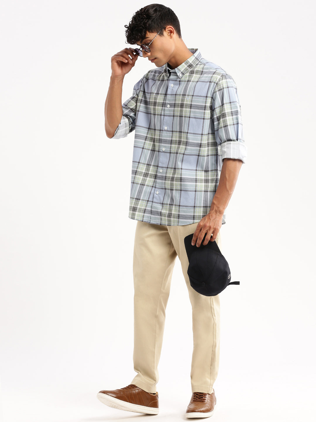 Men's Blue Tartan Checked Slim Fit Cotton Casual Shirt