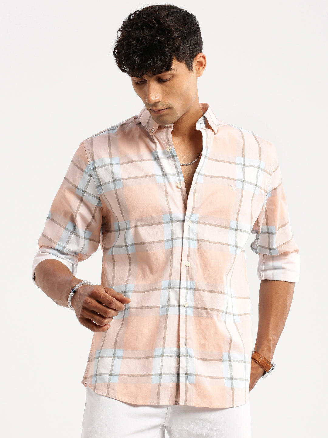 Men's Peach Slim Fit Tartan Checked Long Sleeves Cotton Casual Shirt