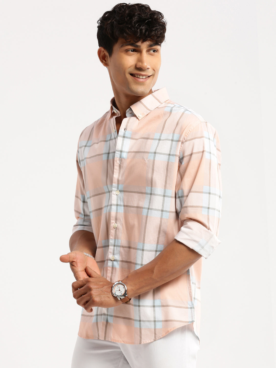 Men's Peach Slim Fit Tartan Checked Long Sleeves Cotton Casual Shirt