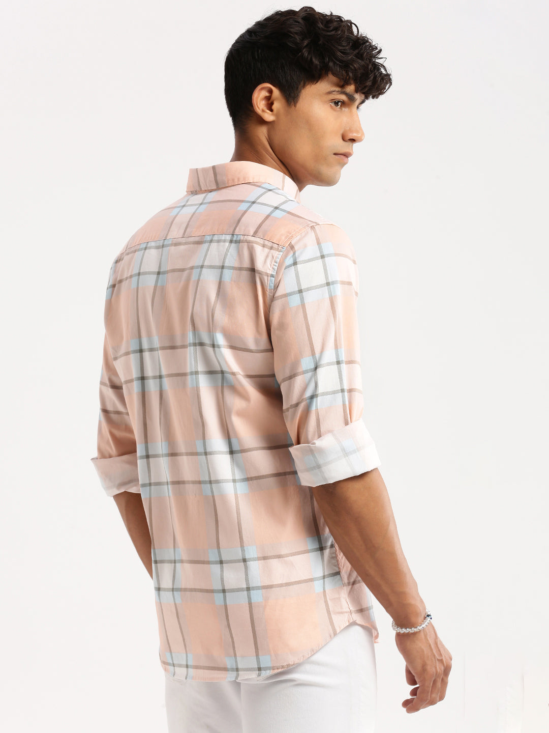 Men's Peach Slim Fit Tartan Checked Long Sleeves Cotton Casual Shirt