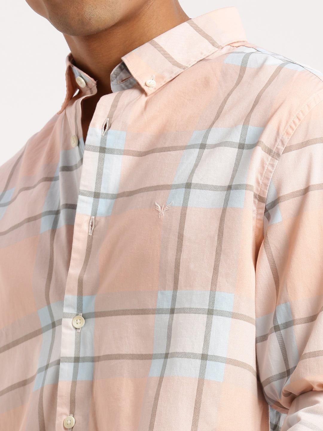 Men's Peach Slim Fit Tartan Checked Long Sleeves Cotton Casual Shirt
