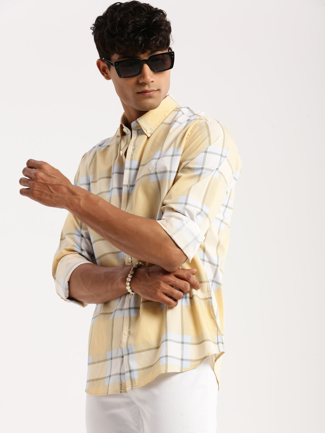 Men's Yellow Standard Slim Fit Windowpane Checked Cotton Casual Shirt