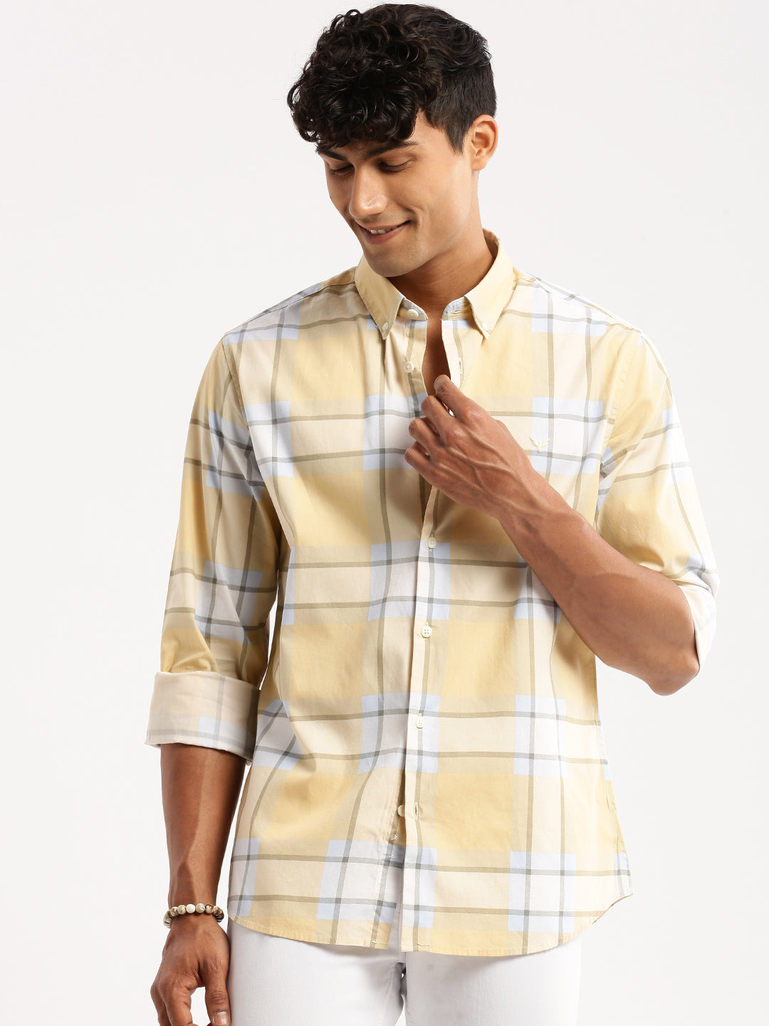 Men's Yellow Standard Slim Fit Windowpane Checked Cotton Casual Shirt